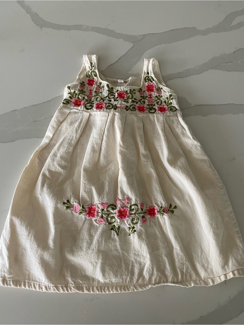 Girls 2T Ivory Linen A-Line Square Neck Floral Embroidered Dress